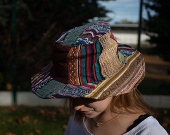 patchwork multicolor sombrero de cáñamo ecológico, sombrero de cáñamo boho, sombrero vegano, sombrero de cáñamo patchwork, sombrero del Himalaya estilo hippie, sombrero de festival