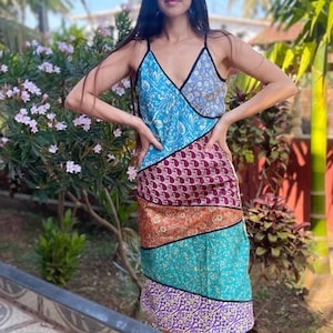 Patchwork Silk Blend Slip Dress: Boho Spaghetti Strap Sundress