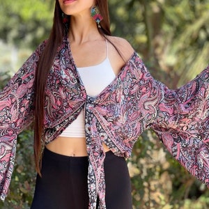 jaren 70 Indiase zijden blouse: boho kimonotop met klokmouwen