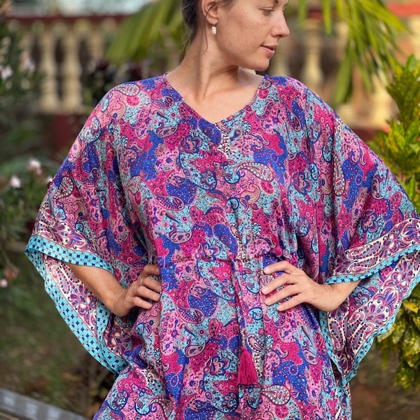 Pinky silk kaftan, boho chic silk kaftan, short  caftan, kaftan tunic dress, short tunic abstract  print , one size fits all, blouse, dress