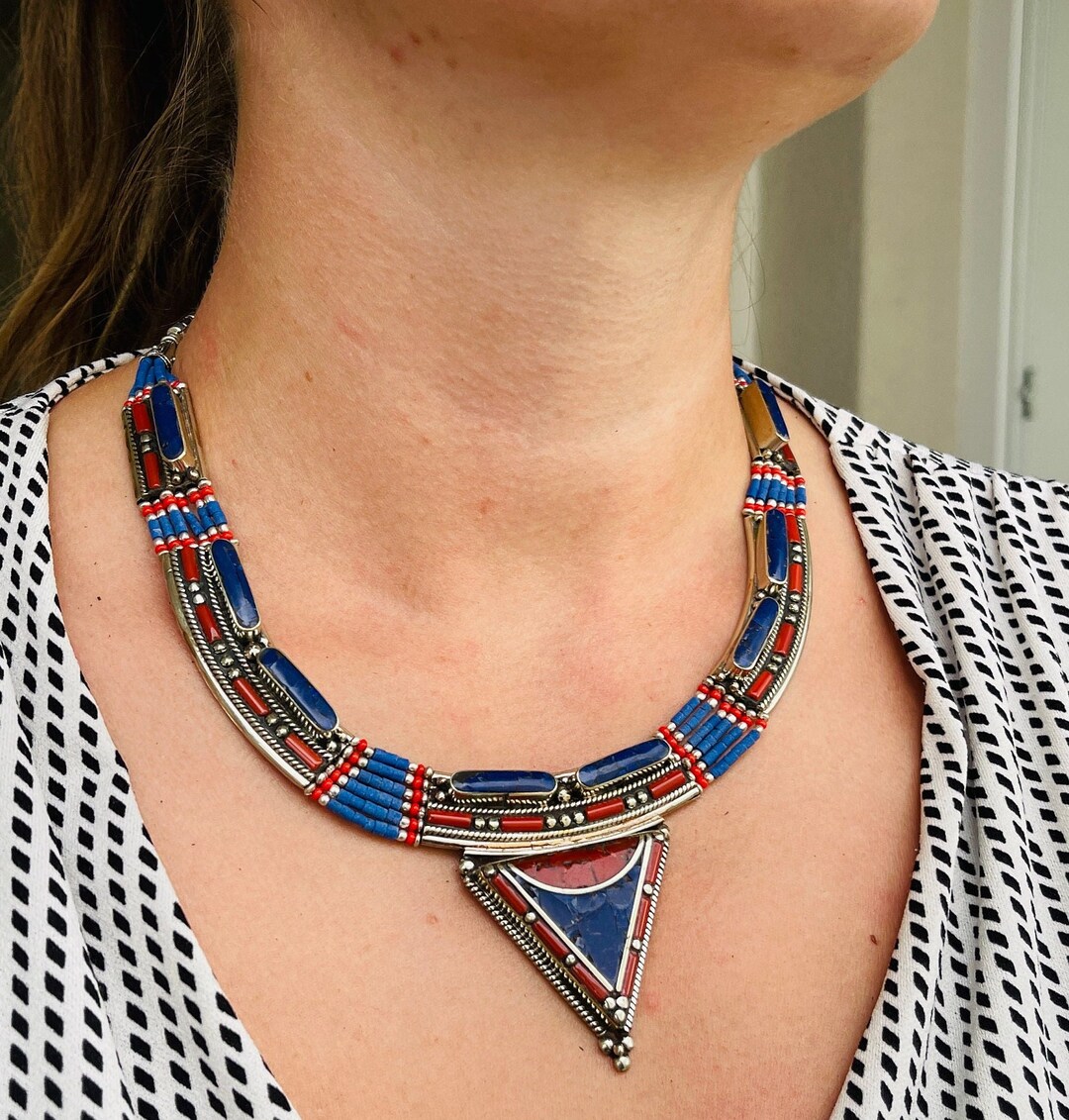 Lapis Lazuli Coral Gemstone Necklace Hand crafted Nepal Boho Tribal lapis-lazuli-coral-gemstone-necklace-hand-crafted-nepal-boho-tribal