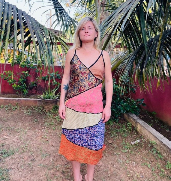 Patchwork Silk Blend Slip Dress: Colorful Boho Sundress