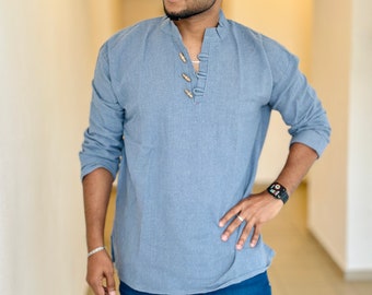 Handwoven Raw Cotton Kurta: Boho Sporty Shirt, Wooden Buttons