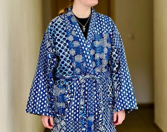 Blue Indigo Kantha Kimono Robe: Handmade Quilted Cotton Loungewear
