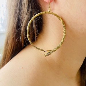 Ouroboros Snake Hoop Earrings: Brass Boho Jewelry
