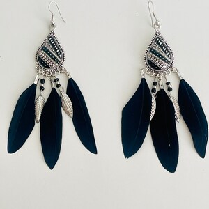 Charming Boho Feather Earrings - Handcrafted Nature-Inspired Statement Jewelry, tribal black earrings, festival accessory, gift for her