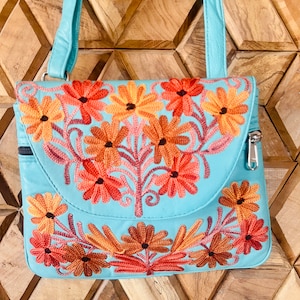 Leather Crossbody Bag: Floral Embroidery, Turquoise Shoulder Bag