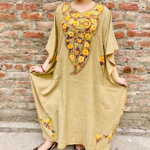 Crushed cotton Embroidered Kaftan Dress, Oversize V-Neck Boho Chic Caftan Dress, Hippie Maxi Dress  floor length, ochre color caftan