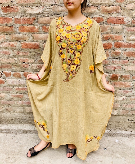 Crushed Cotton Embroidered Kaftan Dress Oversize V neck Boho Chic Caftan Dress Hippie Maxi Dress Floor Length Ochre Color Caftan Etsy UK
