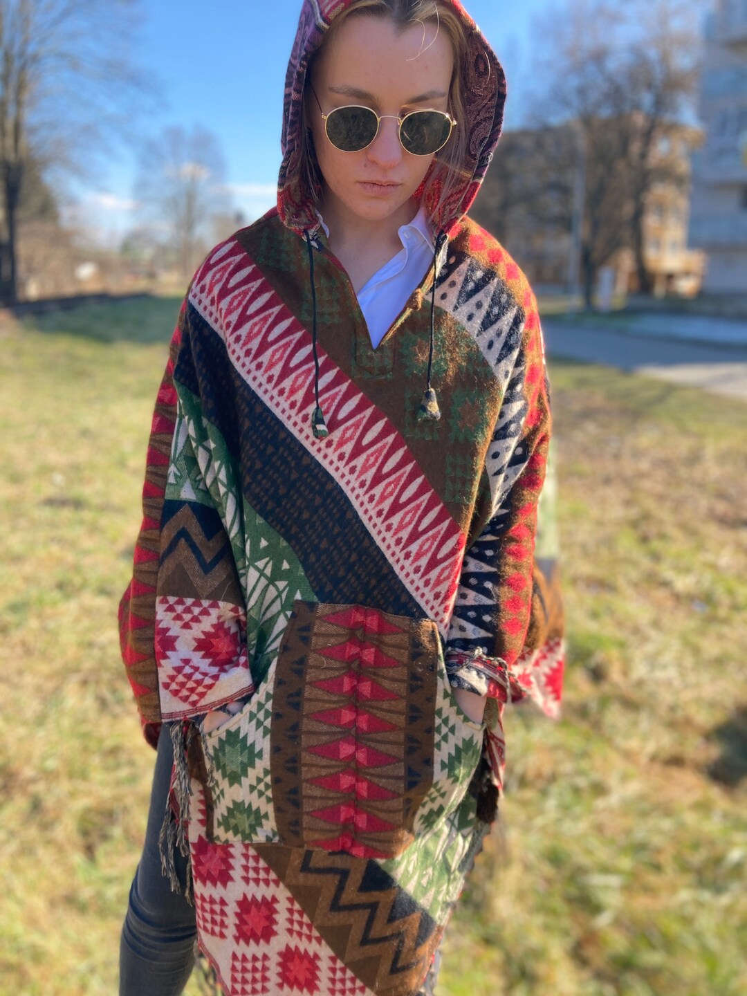 Womens Poncho Large Hood Yak Wool Light Brown Tribal Embroidery Celtic Patterns Gypsy Alternative Festival Rave Mexican Primitive AJJAYA