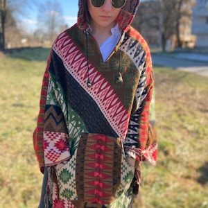 Yak wool blend poncho,  boho poncho, tribal design hooded poncho, kangaroo pocket, Himalayan hippie poncho, colourful
