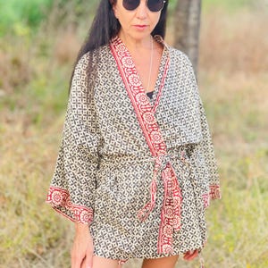 Handprinted Cotton Kimono: Bohemian Cover-Up, Lightweight Boho Jacket