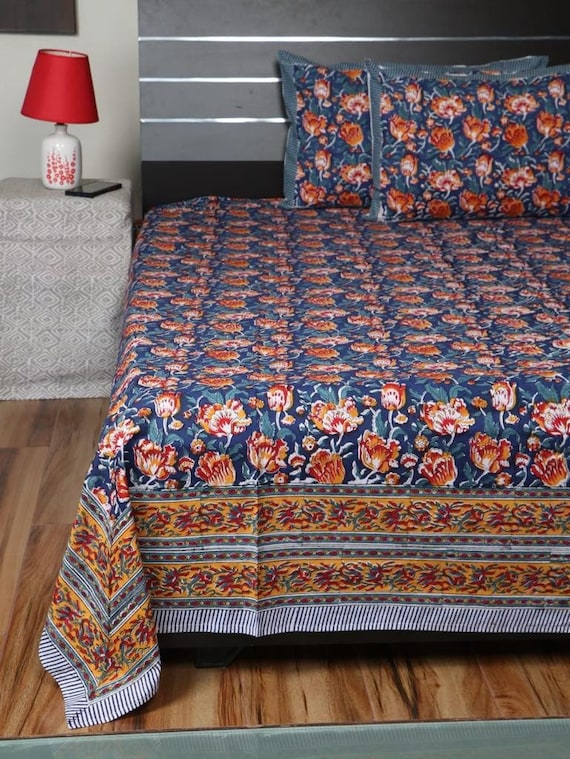 インディゴブロックプリントオーガニックコットンベッドシーツ（枕