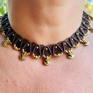 Macrame Choker with brass beads, Goa Style Macrame Necklace, Macrame handwork, bohemian jewelry, brass beads and decoration, adjustable