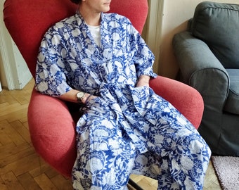 Organic Indigo dyed  cotton home wear set,  natural block printed cotton nightwear set, vegetable colours,  loungewear, robe and pants