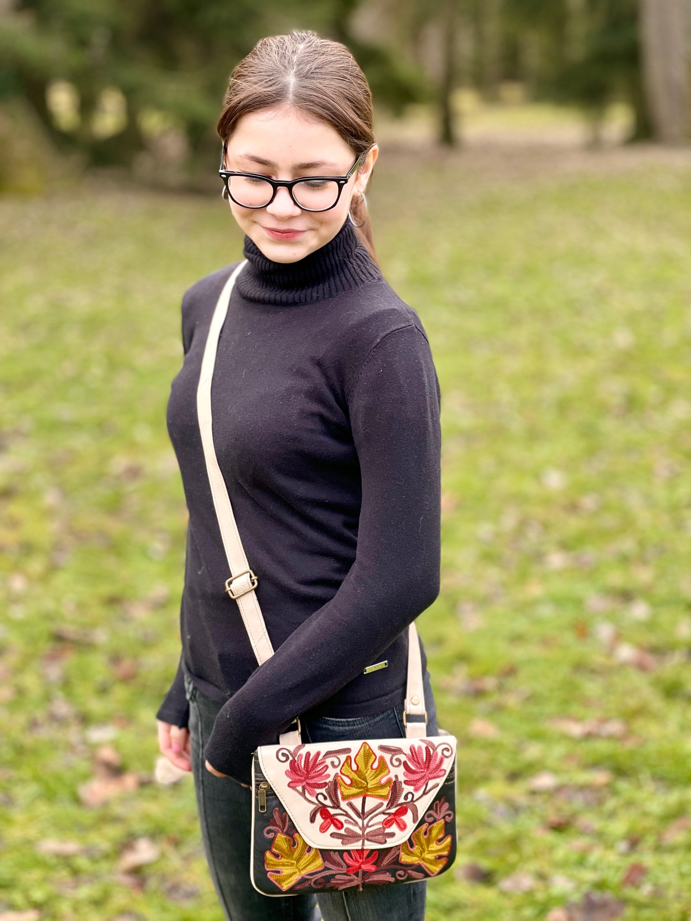 Bi Color Leather Shoulder Bag, Embroidered Handbag/shoulder