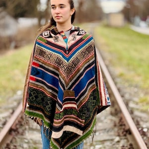 Yak wool blend poncho,  boho poncho, tribal design hooded poncho, kangaroo pocket, Himalayan hippie poncho, colourful geometric design