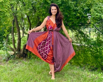 Boho Silk Jumpsuit: Vintage Sari Blend, Adjustable One Size