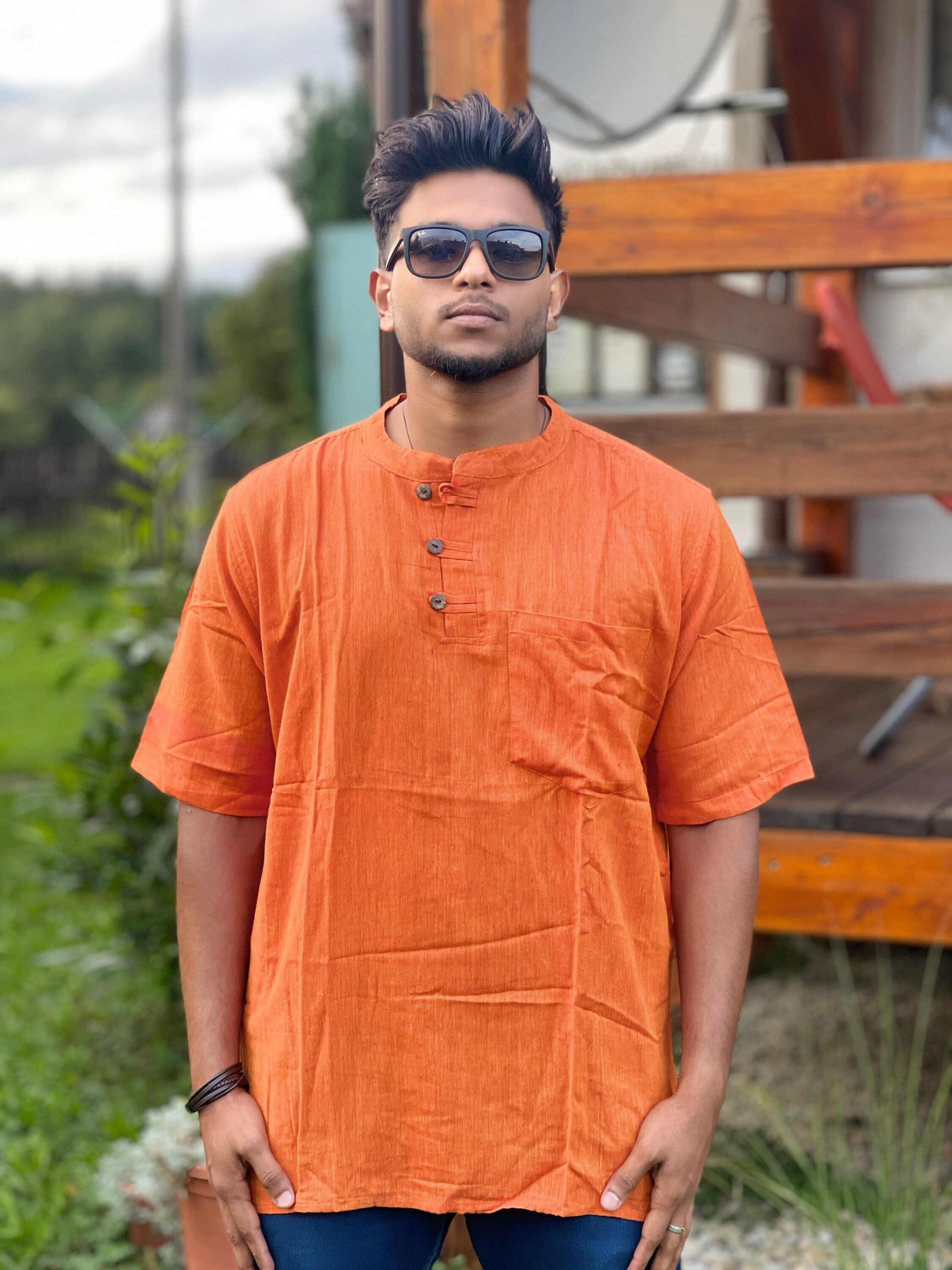 Handwoven Khadi Cotton Kurta: Orange Boho Shirt