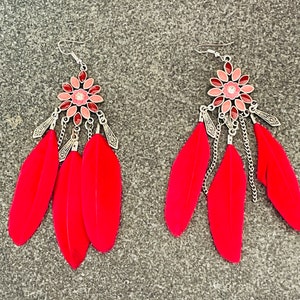 beautiful red handcrafted feather earrings, boho earrings, ethnic earrings, ethnic jewellery,  tribal feather earrings, festival earrings