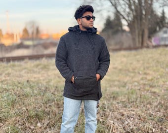 Sudadera boho hecha a mano con forro polar de lana, chaqueta rústica de montaña
