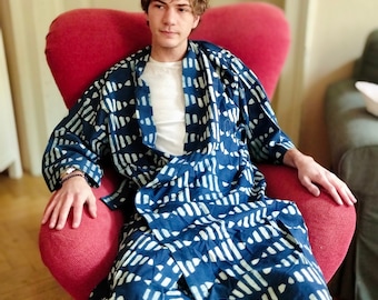 Indigo dyed organic cotton home wear set,  natural block printed cotton nightwear set, vegetable colours,  loungewear, robe and pants