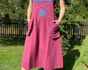 Handwoven skirt dungaree,  organic nepal cotton skirt overall, adjustable straps, various colours, women&#39;s pinafore, 3 pockets, red