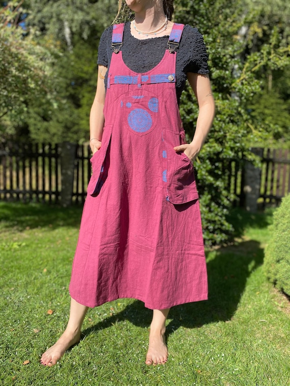 Handwoven Skirt Dungaree, Organic Nepal Cotton Skirt Overall, Adjustable  Straps, Various Colours, Women's Pinafore, 3 Pockets, Red 