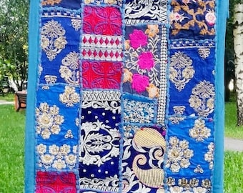 Vintage indisk lapptäcke bordslöpare: Broderad boho tapet