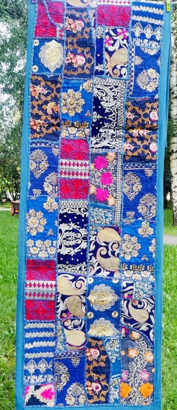 Chemin De Table Ou Tenture Murale Indienne - Patchwork Brodé Fait Main 60 Pouces