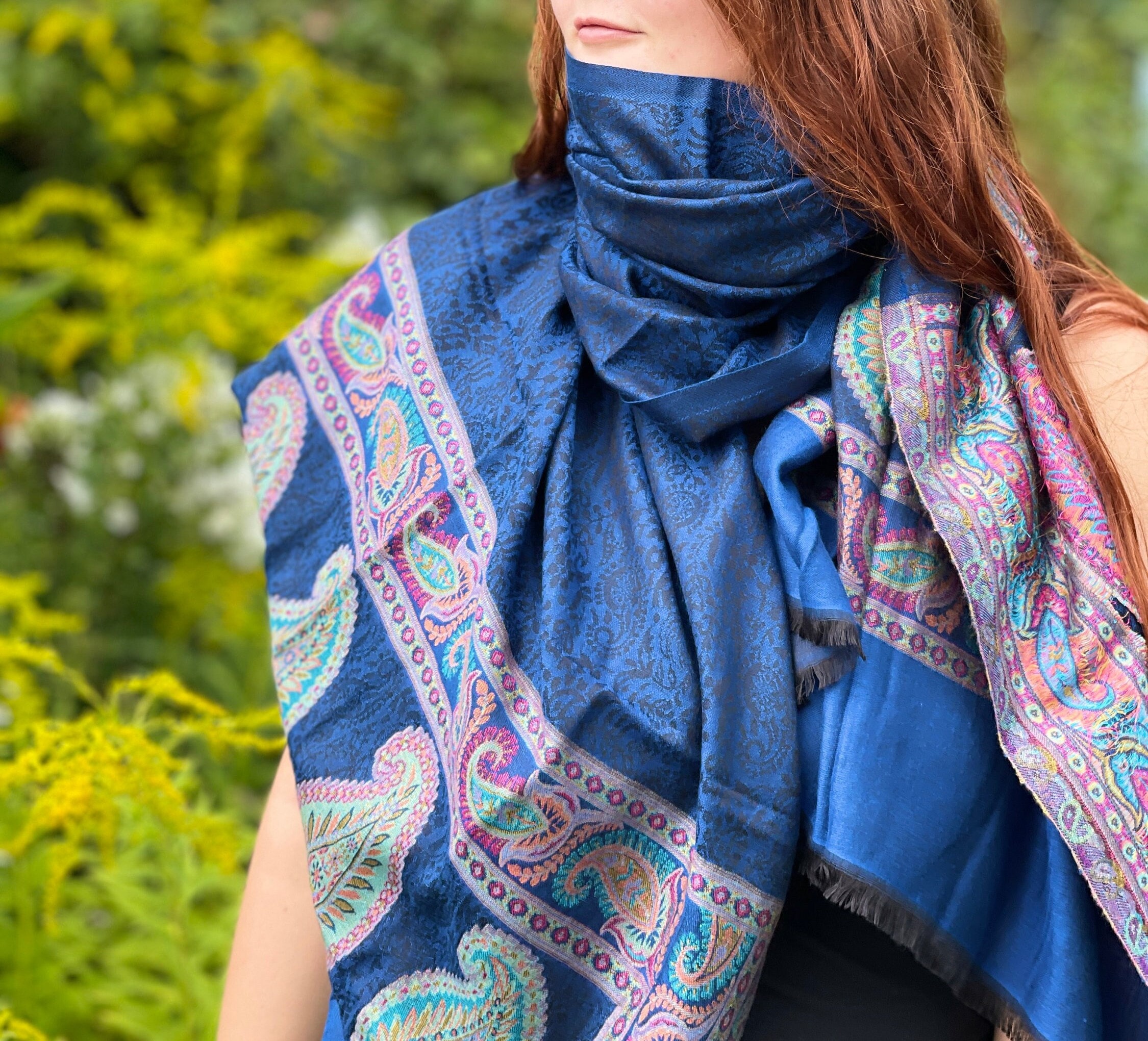 Handmade Kashmir Wool Silk Scarf: Blue Paisley Shawl - Etsy