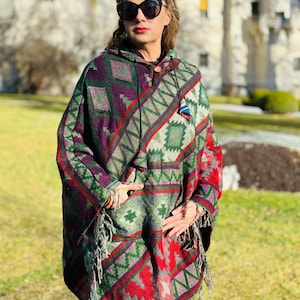 Comfy and warm Yak wool blend poncho,  boho poncho, tribal design hooded poncho, kangaroo pocket, Himalayan hippie poncho, colourful