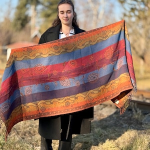 Rainbow Boiled Wool Kashmir Shawl: Hand-Loomed Boho Wrap