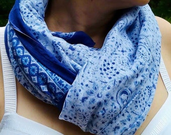 Indigo blockprint organic cotton scarf/sarong/pareo, natural block printed cotton, natural dyed,  light scarf, beach ware, vegetable color
