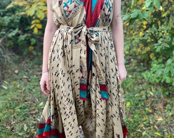 Boho Chic Silk Jumpsuit: Sleeveless Indian Sari Blend, Adjustable Fit
