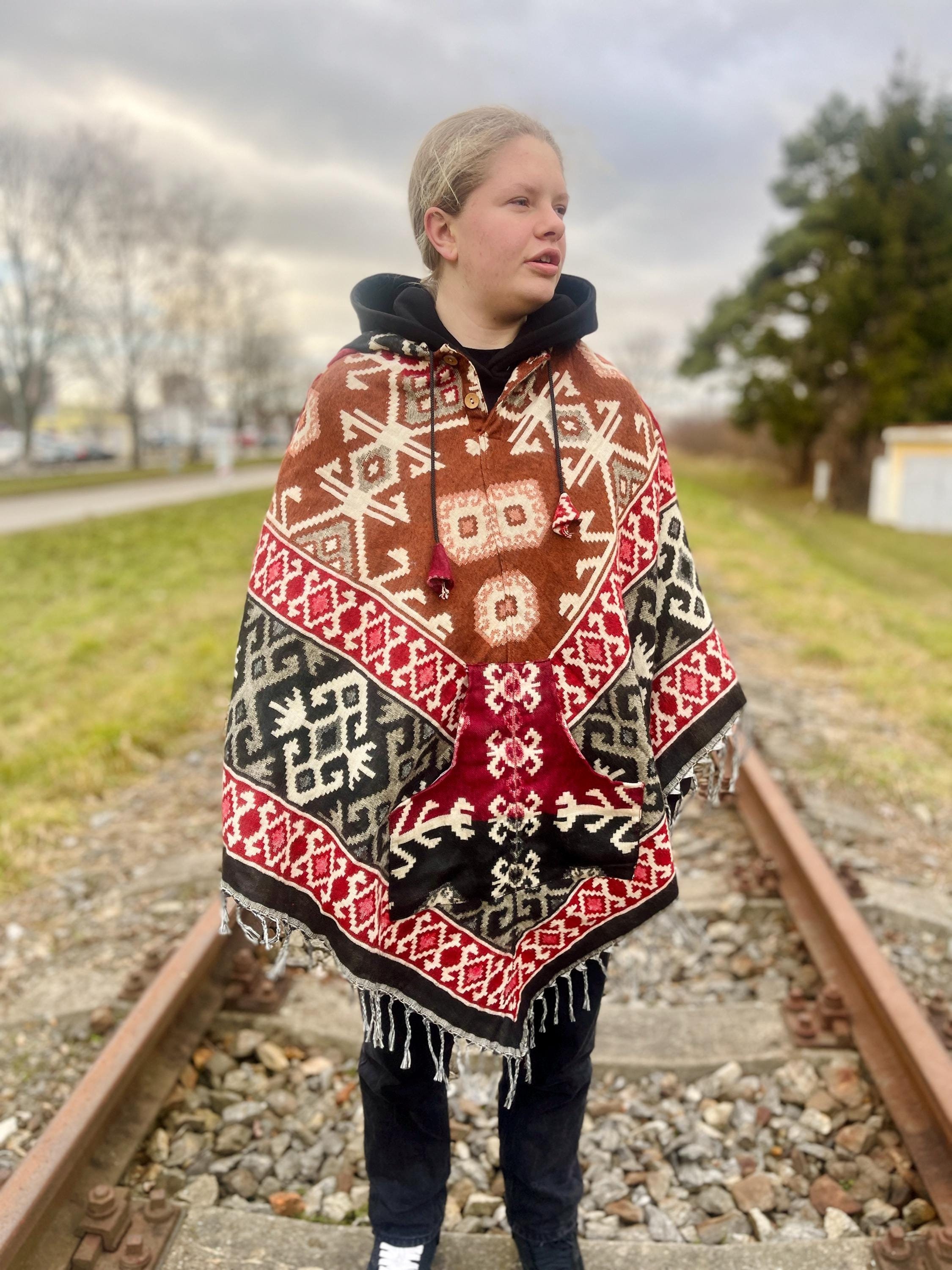 Tribal Design Yak Wool Blend Poncho: Hooded Festival Hippie Poncho