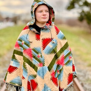 Trendy Yak wool blend poncho,  boho poncho, tribal design hooded poncho, kangaroo pocket, Himalayan hippie poncho, colourful