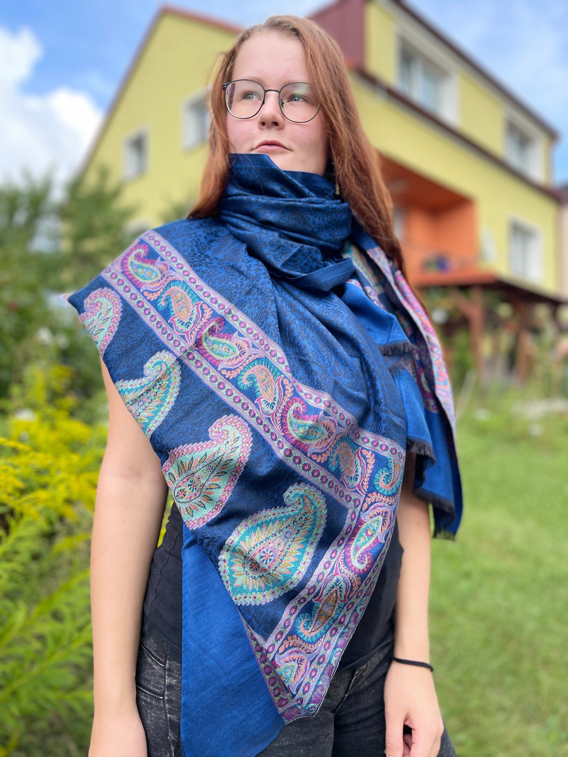 Handmade Kashmir Wool Silk Scarf: Blue Paisley Shawl - Etsy