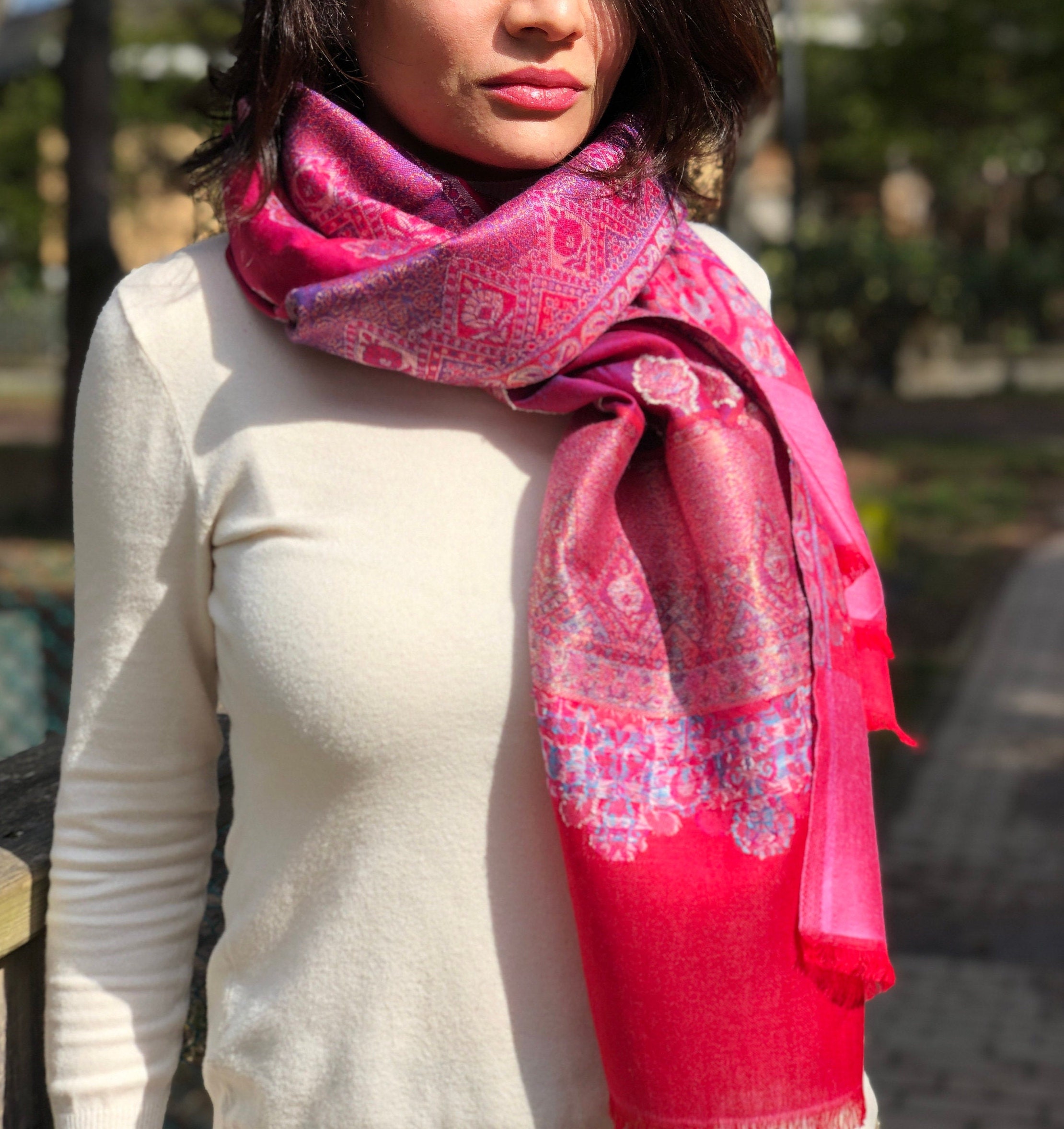 Stunning Traditional Indian Woven Pink Silk Shawl/scarf With 