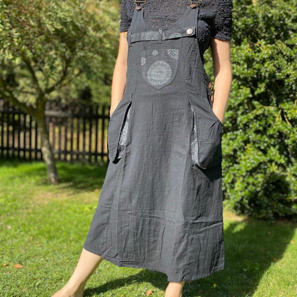 Salopette jupe tissée à la main, salopette en coton népalais biologique, bretelles réglables, différentes couleurs, salopette pour femme, 3 poches, noir