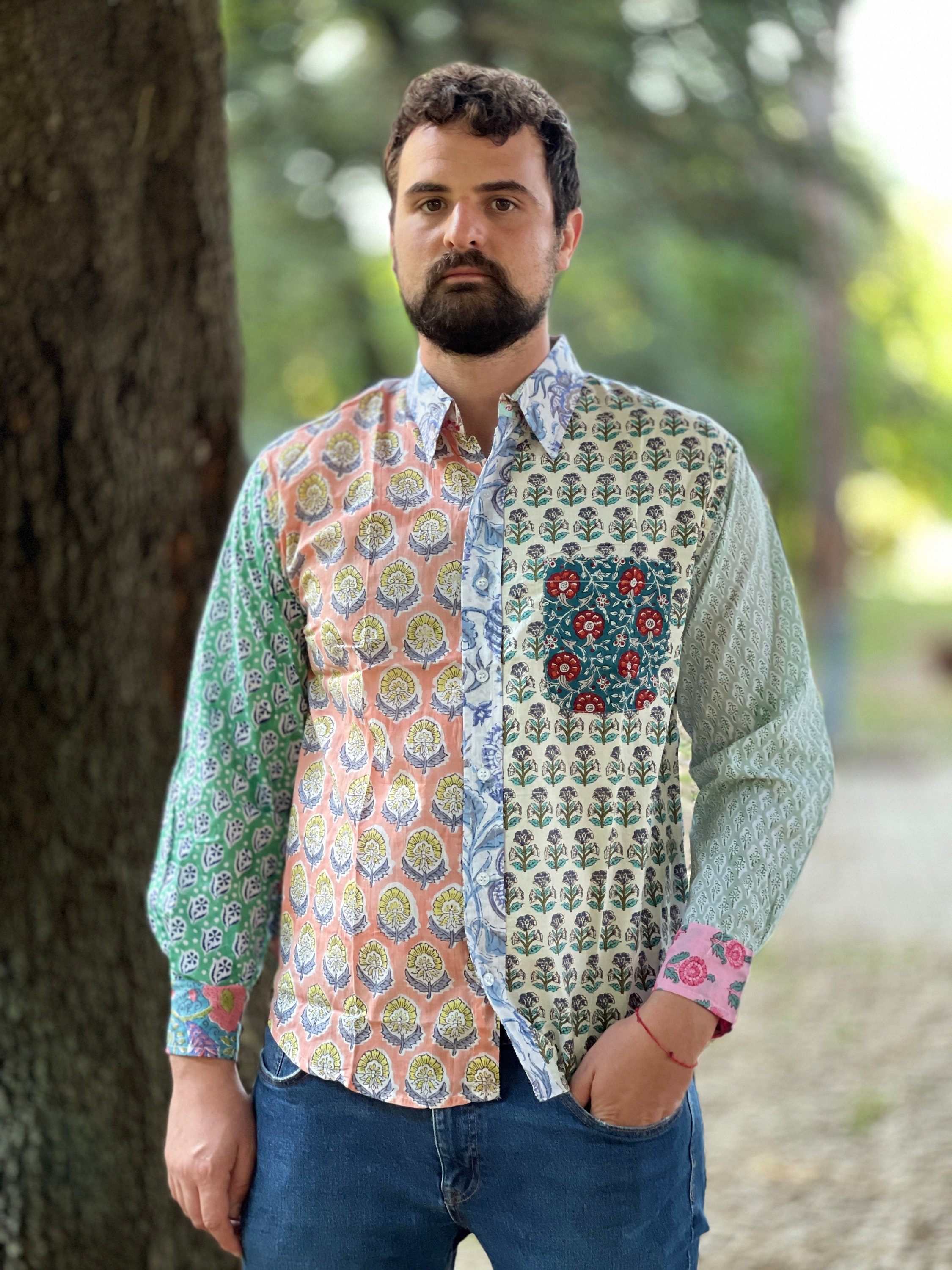 Funky Patchwork Block Printed 100% Cotton Shirt , Handmade Funky Patchwork Block Printed 100% Cotton Shirt , Handmade