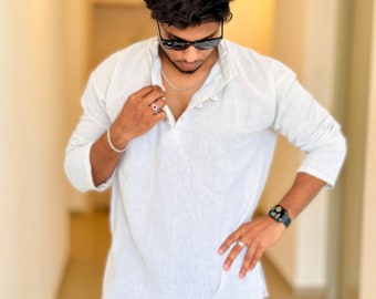 Handwoven Raw Cotton Kurta: Boho Sporty Shirt, XL