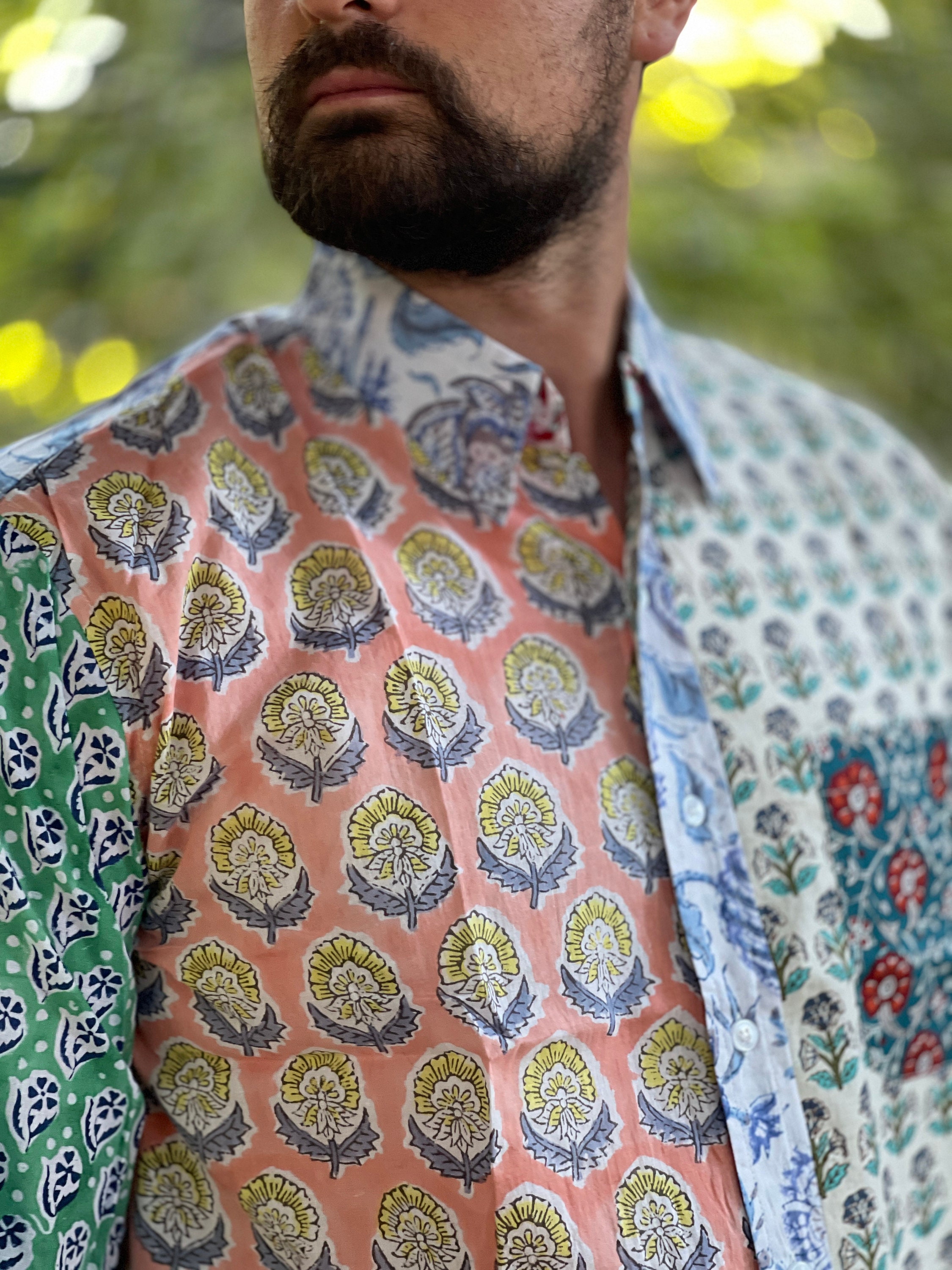 Funky Patchwork Block Printed 100% Cotton Shirt , Handmade