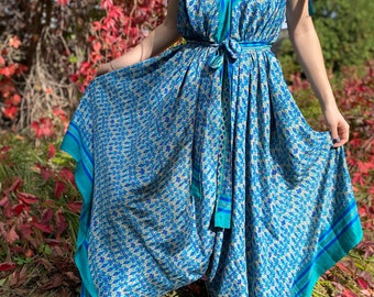 Vibrant blue silk jumpsuit, boho chic silk jumpsuit, hippie jumpsuit/romper, sleeveless, adjustable large jumpsuit, lightweight silk outfit