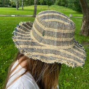 Himalayan organic wild hemp hat, bohemian hat, vegan festival hat,  natural fibre hat with frayed edges, adjustable with wire, stripes