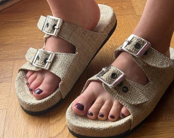 Handwoven organic hemp handmade slippers with buckle, antibacterial sandals, house shoes