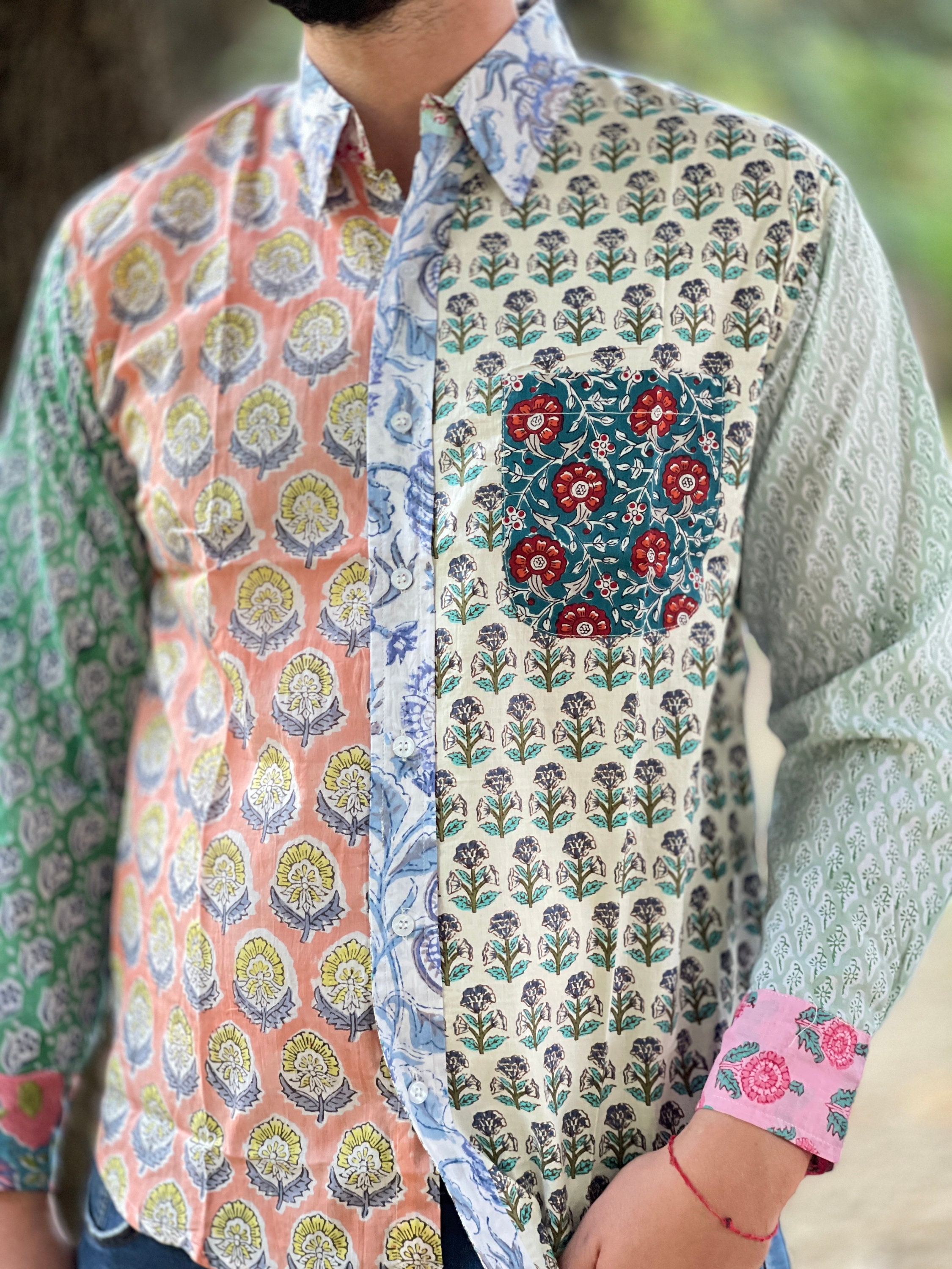 Funky Patchwork Block Printed 100% Cotton Shirt , Handmade