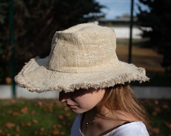 Himalayan wild organic hemp eco- friendly hat with frayed edges, bohemian hemp hat, vegan hat, festival hat, adjustable with a wire