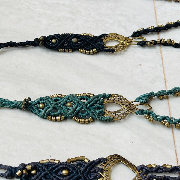 Full range of macrame foot necklaces with brass, macrame foot sandal/bashmer, beach jewellery, bohemian barefoot, toe ring anklet