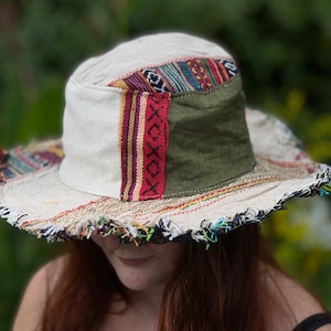 patchwork multicolour eco- friendly hemp hat with frayed edges, bohemian hemp hat,  hippie style hat, festival hat, vegan hat, with wire